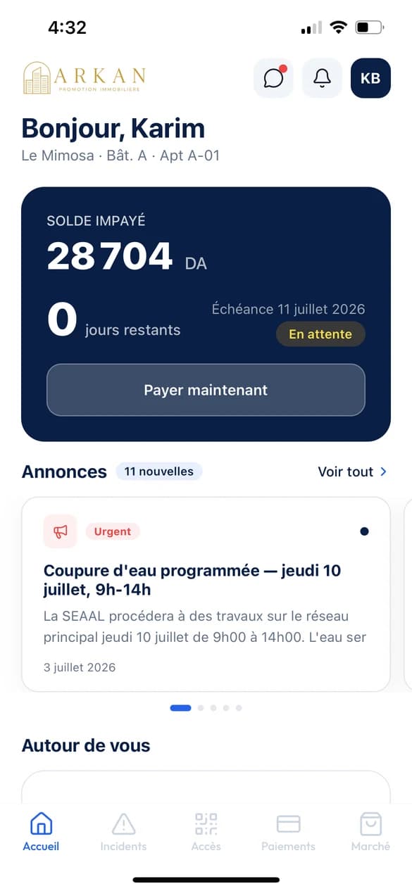 Écran d'accueil copropriété : solde de charges et annonces de la résidence