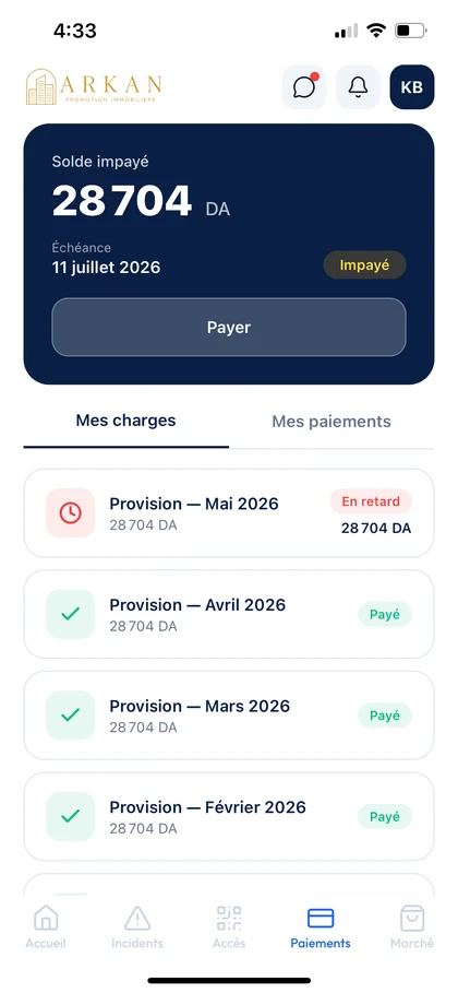 Charges du lot dans l'application résident : provisions payées, solde impayé et bouton Payer