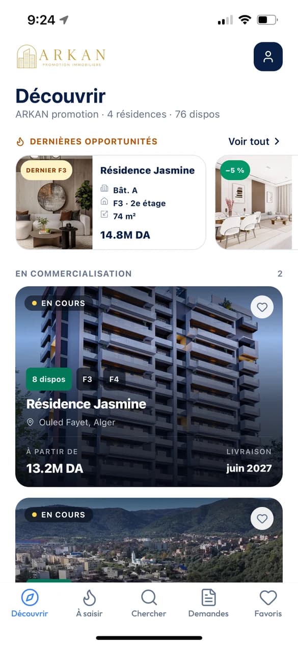 Écran d'accueil Découvrir : les projets du promoteur, avant l'achat