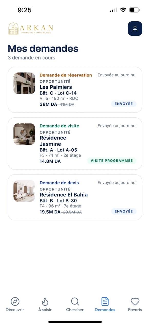 Liste des demandes reçues : réservation, visite et devis, avec leur statut