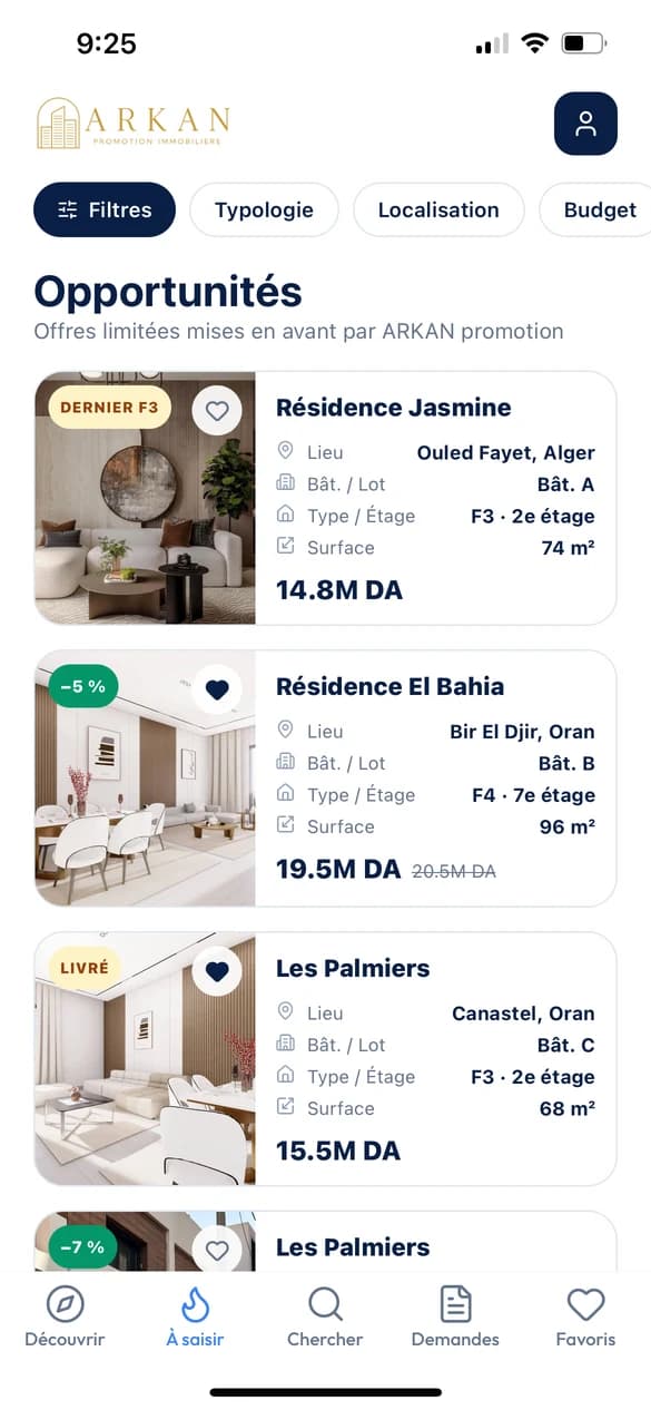 Écran des opportunités : lots mis en avant avec prix barré dans l'application avant-achat