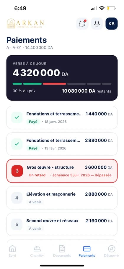 Échéancier de paiement du lot dans l'application de l'acquéreur : tranches payées, à venir et en retard