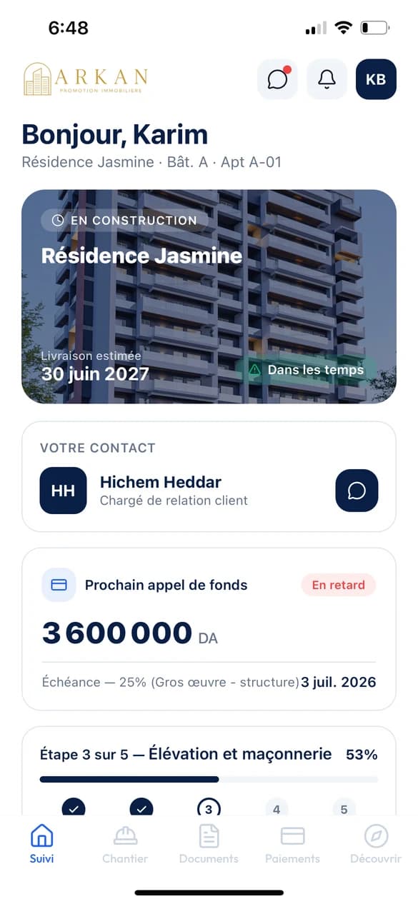 Avancement du chantier et prochain appel de fonds dans l'application de l'acquéreur