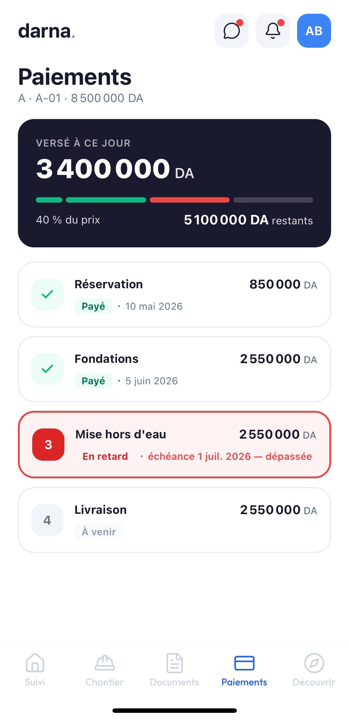 Échéancier de paiement de l'acquéreur dans l'application